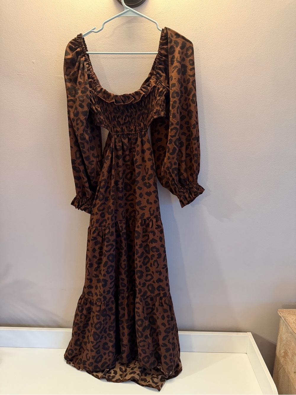 Kiss The Sky Leopard Print Smocked Cutout Back Maxi Dress Brown Small